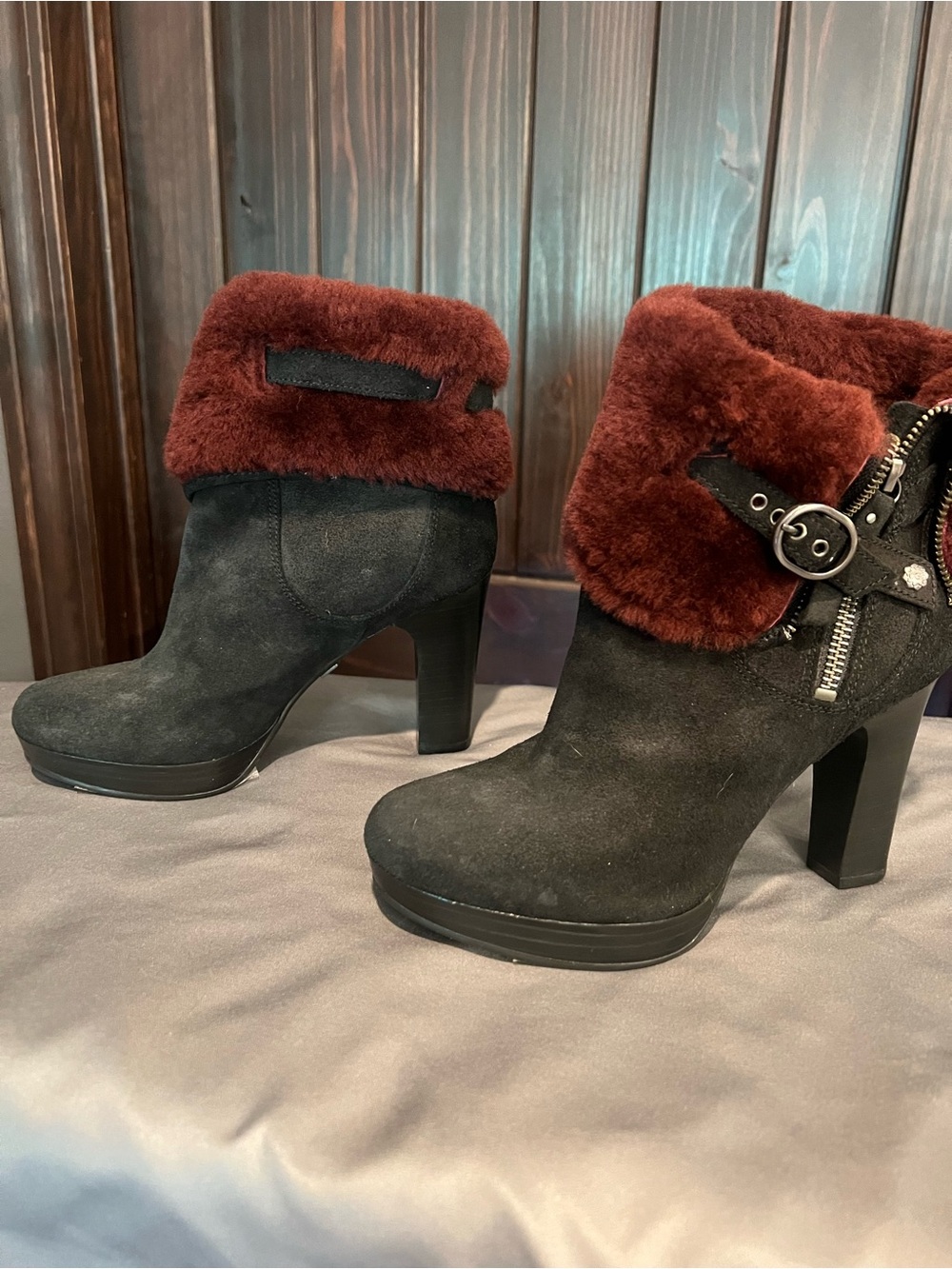 UGG Black Suede Ankle Booties with Burgundy Faux Fur Cuff